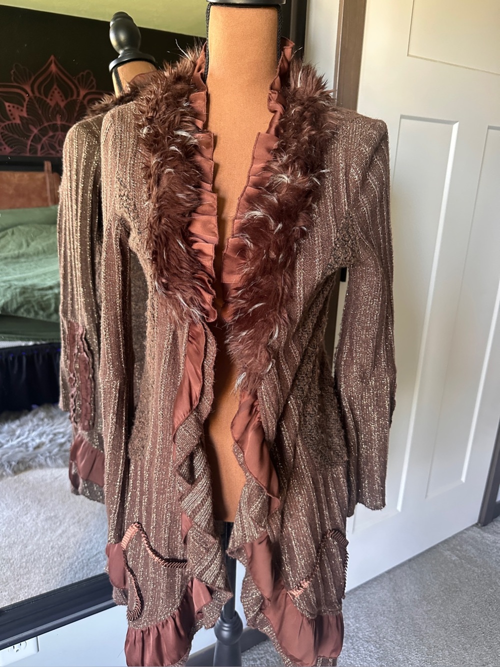 Boston Proper Brown Metallic Faux Fur Ruffle Open Cardigan Sweater M -B